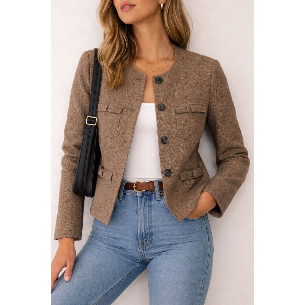 Cabi Penny Blazer Brown Herringbone Tweed Jacket 4 Pocket Office Interview S